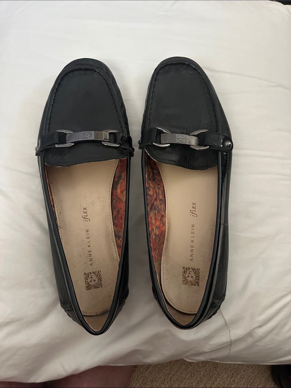 Anne Klein Black Leather Loafers with Metal Bit